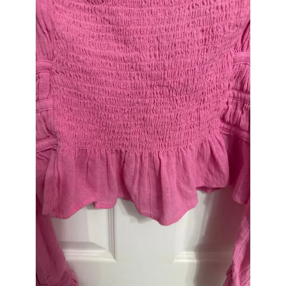 Free People Chole Cropped Top Blouse Ruffle Puffed Sleeves Smocked Pink Medium